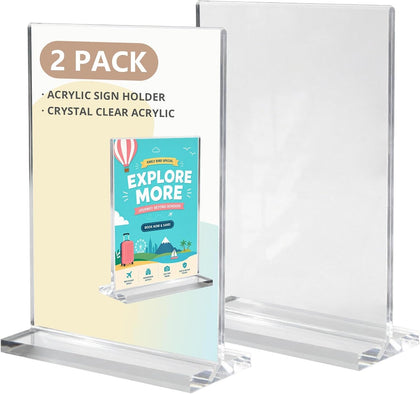 Acrylic Sign Holder 2 Pcs Double Sided Acrylic Stands 6 x 8 in Vertical Clear Display Sign Stand Store Sign Holder