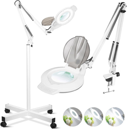 2200 Lumens Magnifying Floor Lamp, 2-in-1 Lighted Desk Magnifier | 144 LED Stepless Dimmable, 10X Real Glass, 4 Wheel