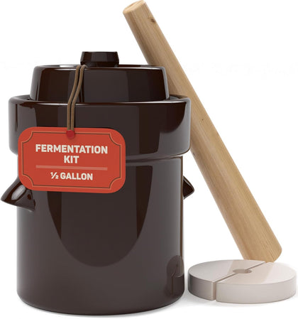 Fermentation Crock 1/2 Gallon - Sauerkraut Crock with Weights & Pounder | Ceramic Fermenting Crock Kit for Pickling