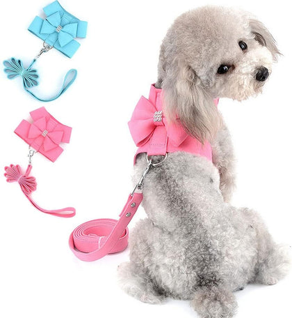 Bling Rhinestone Dog Harness and Leash Set, Soft Faux Suede Puppy Vest with Bow for Small Dogs, No-Pull Adjustable