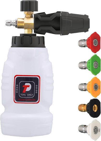 Foam Cannon for Pressure Washer, 5 Power Washer Tips,1 Liter | Adjustable Snow Foam Lance for Car Washing, 1/4 Inch