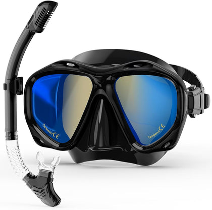Snorkeling Gear for Adults, Snorkel Mask With Mirrored Tempered Glass Lens 180° Wide View Anti-Fog Scuba Diving Mask