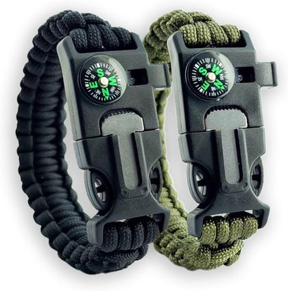 Paracord Rope Bracelet w/Fire Starter, Survival Whistle & Compass - Black & Green - Survival Gear for Camping