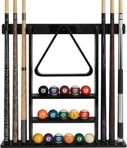 Pool Stick Holder Wall Mounted Pool Cue RackSolid Wood Billiard Stick Holder with Accessory Shelf, Heavy Duty Game