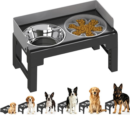 Elevated Dog Bowls, Spill Proof, Tiltable Dog Feeder with 1 Slow Feeder Bowl &1 Stainless Steel Bowl, 6 Height