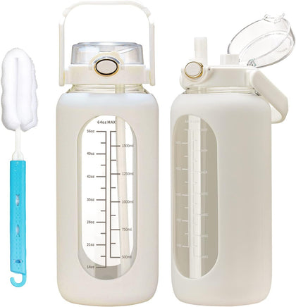 64oz Glass Water Bolttles with Straw Half Gallon Large Motivational Water Bottle with Time Marker Sports Water