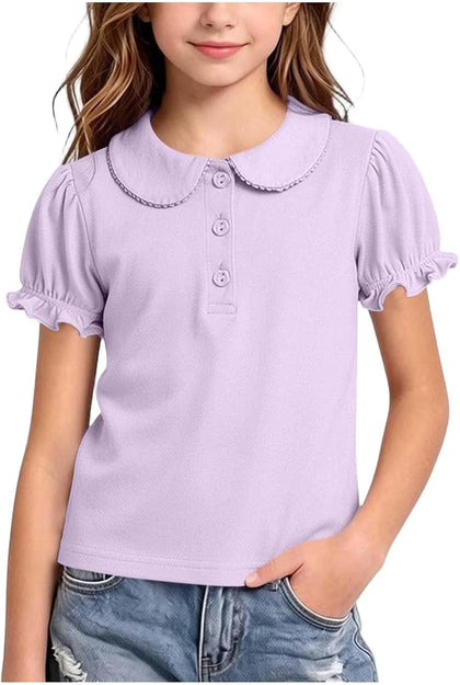 Girls Pure Cotton Polos Puff Sleeve Cute Peter Pan Collar Shirt Purple | Back to School Clothes for Teen Girls Kids