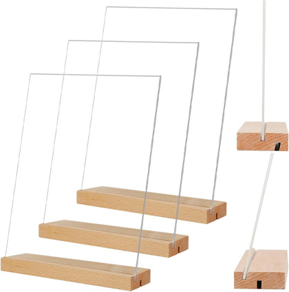 8.5x11 Acrylic Sign Holder with Wood Base 3 Pack | L/T Shape, Vertical Double-sided or Slant Back Table Display Stand