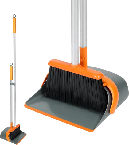Broom and Dustpan Set with 54 Inch Long Handle - Perfect Dust Pan and Brush Combo for Home Efficient Cleaning (Orange