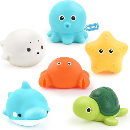 Bath Toys 6 Pack No Hole Baby Bathtub Toys Soft Squeezable & Float on Water Easy-Grip Toddler Bath Toy Set for Kids
