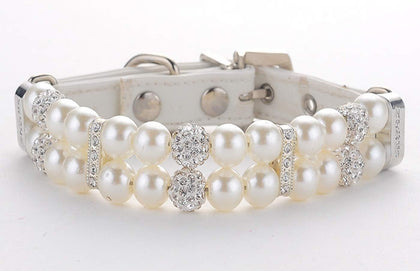 Dog Cat Pearl Collars with Crystal Rhinestone Diamond Décor, Adjustable Cute Fashion Pet PU Leather Collars Necklace
