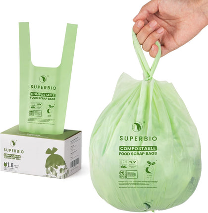 1.6 Gallon Handle Tie Compostable Food Scrap Bags For Counter Top Compost Bin, Small Compost Bags, 50 Count, 6 Liter