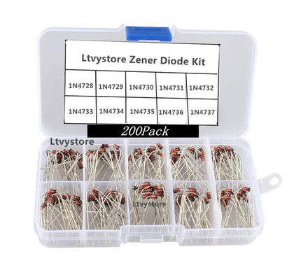 Zener Diodes Kit, 1W Power Diode Assorted Assortment Box Kit Set (3.3V/3.6V/3.9V/4.3V/4.7V/5.1V/5.6V/6.2V/6.8V/7.5V), Range 1N4728~1N4737,Pack of 200, By Ltvystore