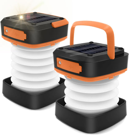 2-Pack Folding Solar Camping Lantern Flashlights, DIBMS Mini Collapsible USB Rechargeable Waterproof Hanging Light