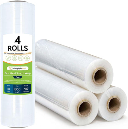 PSBM Cast Hand Plastic Stretch Wrap/Shrink Film 18" x 1500 Ft 90 GA 4 Rolls | Heavy Duty up to 800% Ultimate Stretch