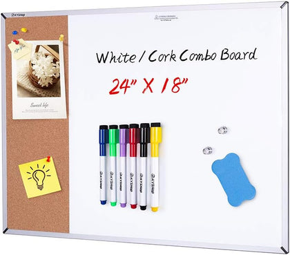 White Board & Cork Bulletin Board, 24" X 18", Combination Dry Erase Board & Cork Board, Vision Board for Home