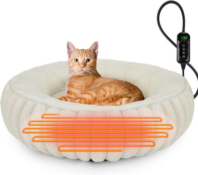 Heated Cat Beds for Indoor Cats and Small Dogs, 20" Cozy Donut Heated Pet Bed with Timer & Temp Adjustable, Removable