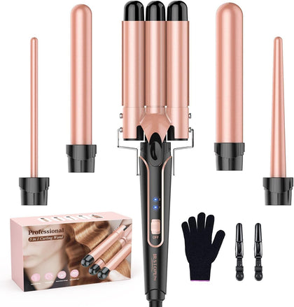 Waver Curling Iron Wand, BESTOPE PRO 5 in 1 Curling Wand Set with 3 Barrel Hair Crimper for Women, Fast Heating Hair