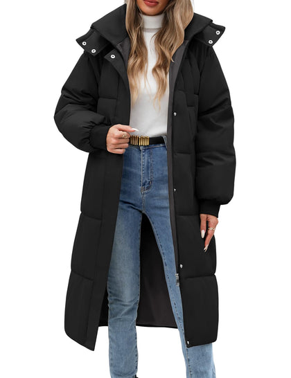 Women Long Puffer Coat Winter Warm Hooded Down Parka With Zip