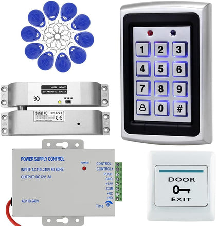 RFID Keypad Access Control Kit with Aluminum Alloy Strike Lock | Zinc Alloy Keypad, 12V 3A Power Supply, Exit Button