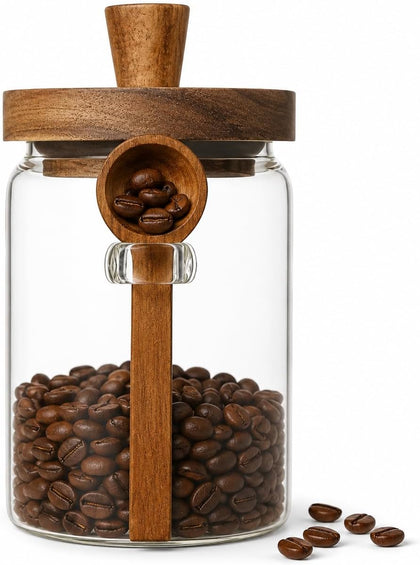 Glass Jar with Lid and Spoon, 20.3oz Airtight Coffee Bean Container for Coffee Beans & Grounds, Cute Glass Coffee