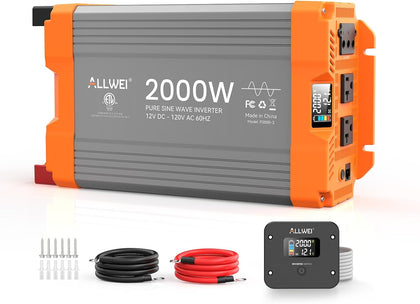 2000W Pure Sine Wave Power Inverter 12V DC to 120V AC, ETL Listed to UL 458 | Surge 4000W, for RV, Truck, Solar