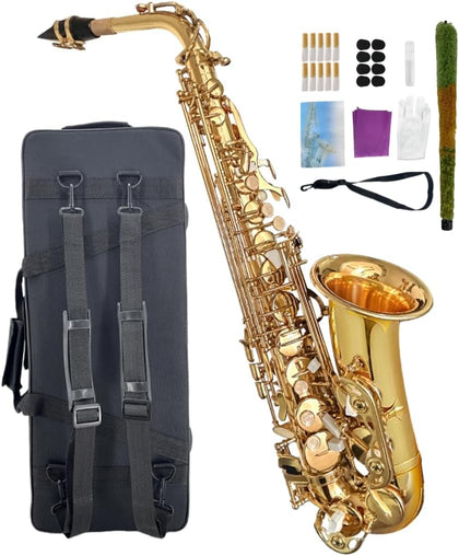 Beginner Alto Saxophone, E Flat - Complete Starter Kit with Case & 10 Reeds, for Adults & Students, Easy to Play for