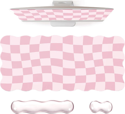 Pink Checkered Mouse Pad Set,Scalloped Pastel XXL Desk Mat Set | Desk Mat+Ergonomic Mouse Wrist Rest+Gel Keyboard