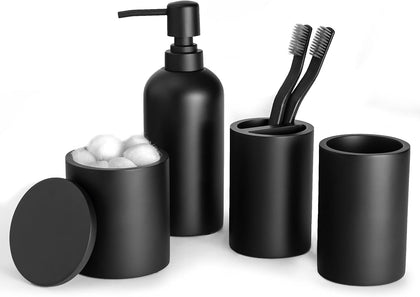 Bathroom Accessory Set - 4 Pcs Matte Black Bathroom Set with Toothbrush Holder, Soap Dispenser, Tumbler & Cotton Swab