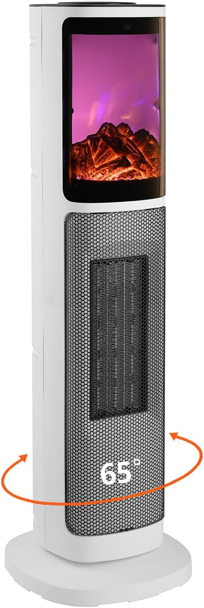 750W/1500W Ceramic Tower Space Heater with 3D Flame, Electric Heater with 65° Oscillation, Adjustable Thermostat and