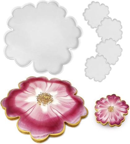 13'' Large Floral Tray Mold + 4'' Flower Geode Coaster Silicone Molds (No Designs, 5 Pieces, White, Silicone, Single
