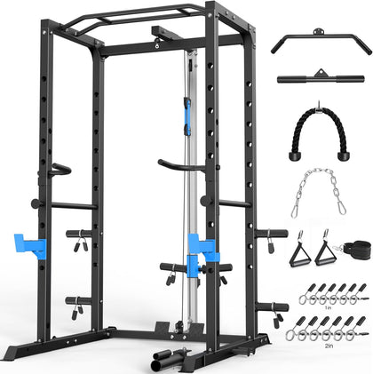 Power Cage, Multi-Functional Power Rack with J-Hooks, Dip Handles, Landmine Attachment and Optional Cable Pulley