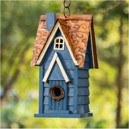 Bird Houses for Outside, 12" H Retro Blue Distressed Solid Wood Cottage Birdhouse Hanging Bird House for Outdoors