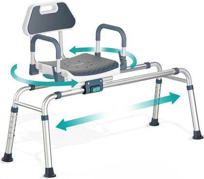 Sliding Shower Chair Tub Transfer Bench with Swivel Seat, Shower Bench for Elderly and Disabled, with Security Belt