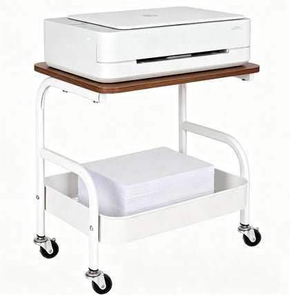 Under Desk Printer Stand with Storage 2 Tier Rolling Printer Cart with Wheels, Mobile Short Under Shelf Storage Small