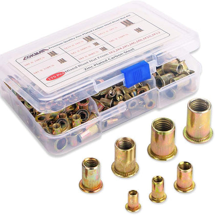 175PCS Metric Rivet Nut Kit Carbon Steel Flat Head Threaded Insert Nut Assorted in M3 M4 M5 M6 M8 M10 M12, Knurled
