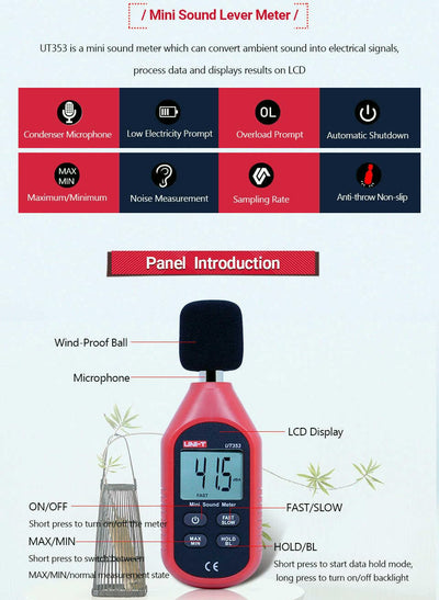 UNI-T Uni-trend Hygrometer UT353 UT353BT Sound Level Bluetooth Meter Digital Noise Measuring Tester 30-130dB Professional Decibel Monitor dB Detector(UT353)