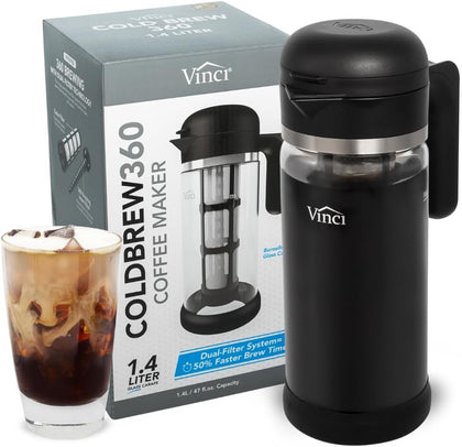 Cold Brew 360 Dual-Filter Iced Coffee Maker, 47 oz Glass Pitcher | Manual No Power Brewing, Up to 50% Faster, 6–12