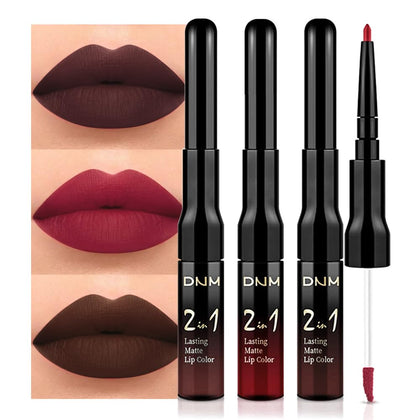 3Pcs Dark Brown Ruby Deep Red Matte Lip Liner Pencil and Liquid Lipstick Sets for Women Long Lasting Waterproof, 24