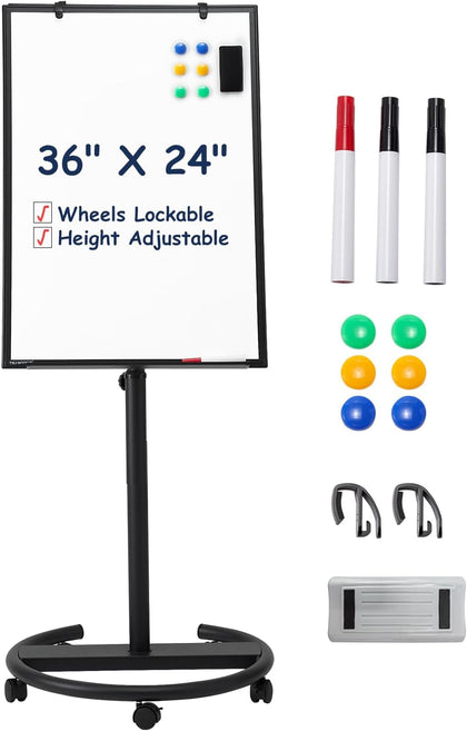 Mobile Whiteboard Standing - 36 X 24 Inches Magnetic Rolling White Board, Height Adjustable Dry Erase Board on Wheels