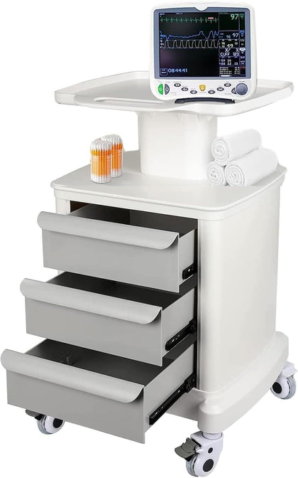 Mobile Ultrasound Cart for Imaging Scanner - Medical Trolley With 3 Drawers and 4 Universal Quiet Wheels - 110LBS