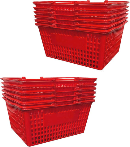 Stackable Plastic Shopping Baskets, Red and Blue, Easy-Grip Handles for Grocery, Retail, Liquor Stores, Home Use