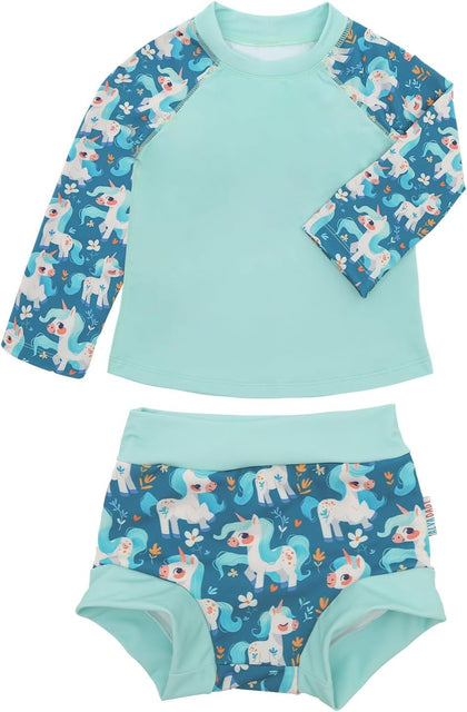 2 Pcs Long Sleeve Rash Guard Swim Diaper Sets, Baby Toddler Swimsuit UPF 50+ Sun Protection for Boy and Girl