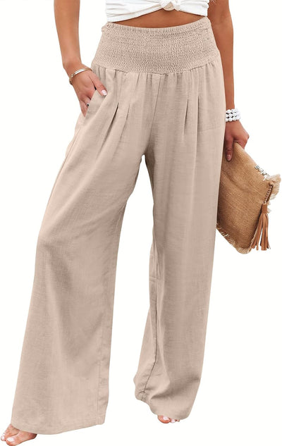 Women Linen Palazzo Wide Leg Pants with Pockets
