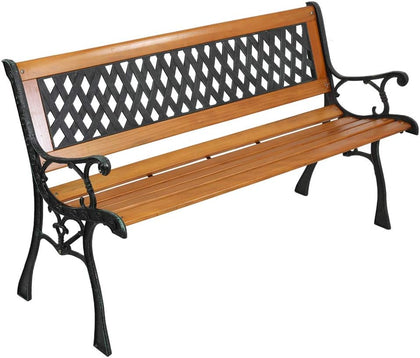Outdoor Bench, Weather Resistant Cast Iron Frame&Teak Wood Seat w/PVC Backrest, 3-Person 470lbs Capacity Garden Bench