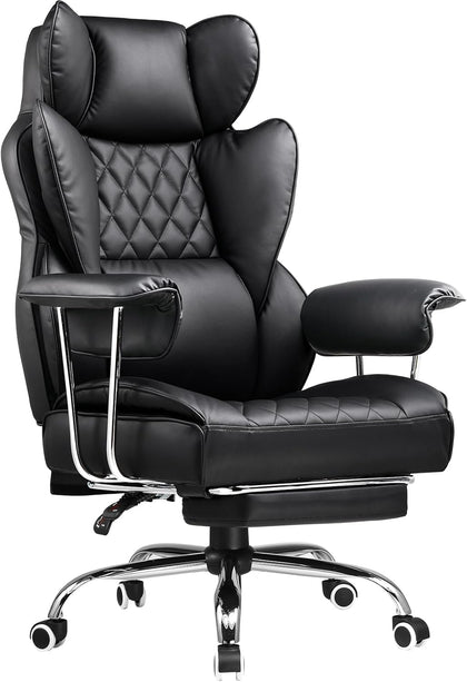 Big and Tall Office Chair, High Back Leather Gaming Chair with Footrest, Executive Ergonomic Office Chair with Pocket