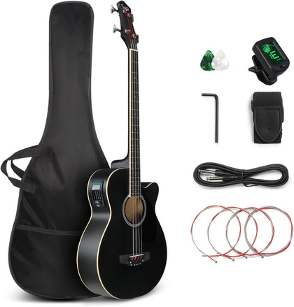 Full Size Acoustic Electric Bass Guitar Beginner Kit, Cutaway 4 Strings Electric Acoustic Bass Guitar w/Inbuilt