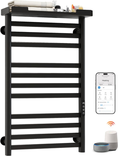 Smart Heated Towel Rack with Shelf, 11-Bar Wall-Mounted, Black | Electric Towel Warmer for Bathroom, Wi-Fi App