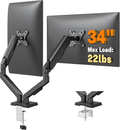 Dual Monitor Stand for 17-34 Inch Computer Screens | Gas Spring Full Motion Dual Arms, Each Holds 22lbs, Fits