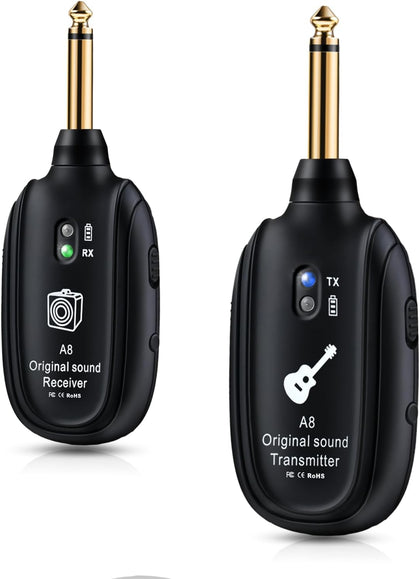 A8 Wireless Guitar System UHF 2 Modes,Plug & Play, 1TX+1RX | Rechargeable Li-Battery, 100ft Range, Wireless Guitar